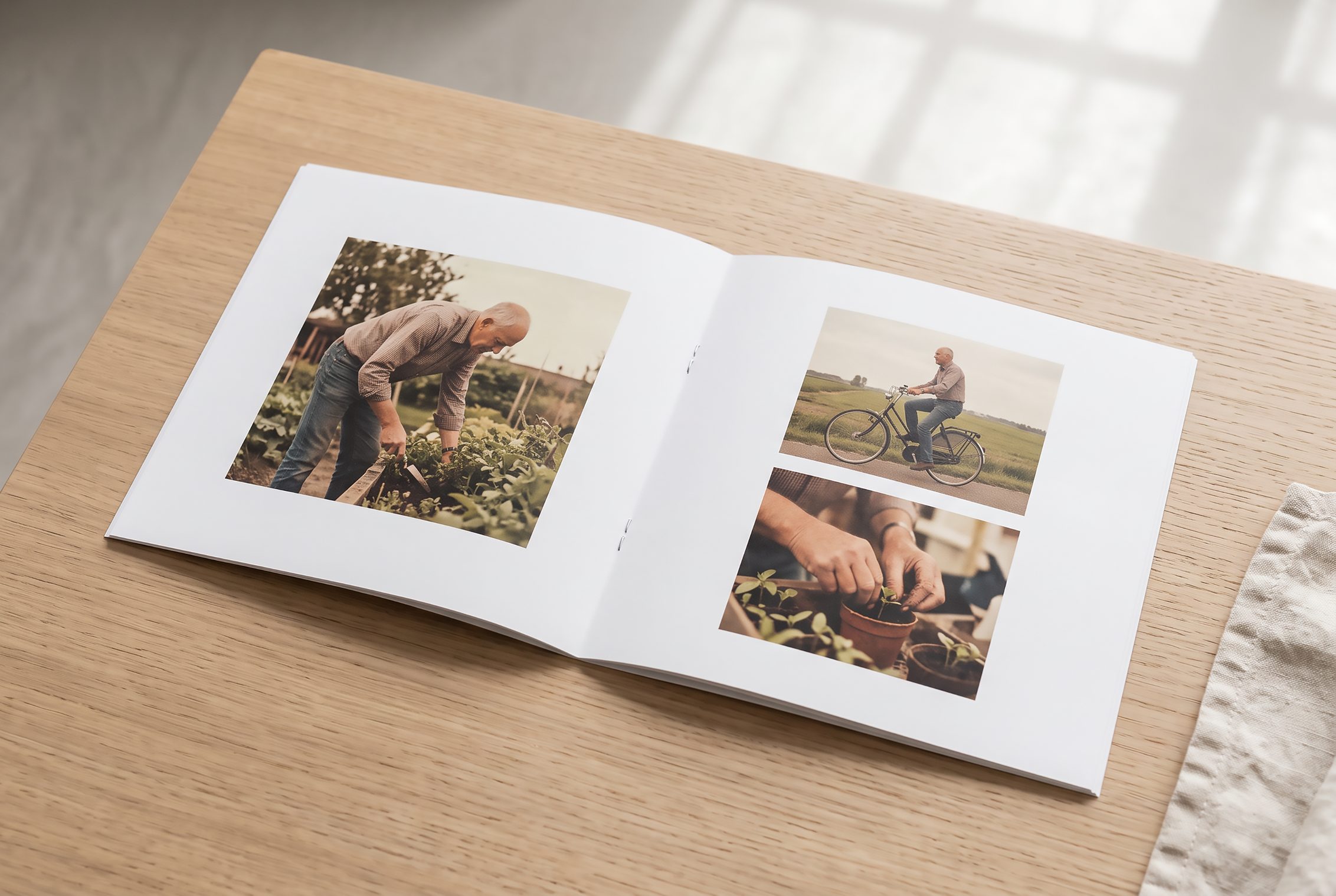 Opengeslagen gedenkboekje met familiefoto's